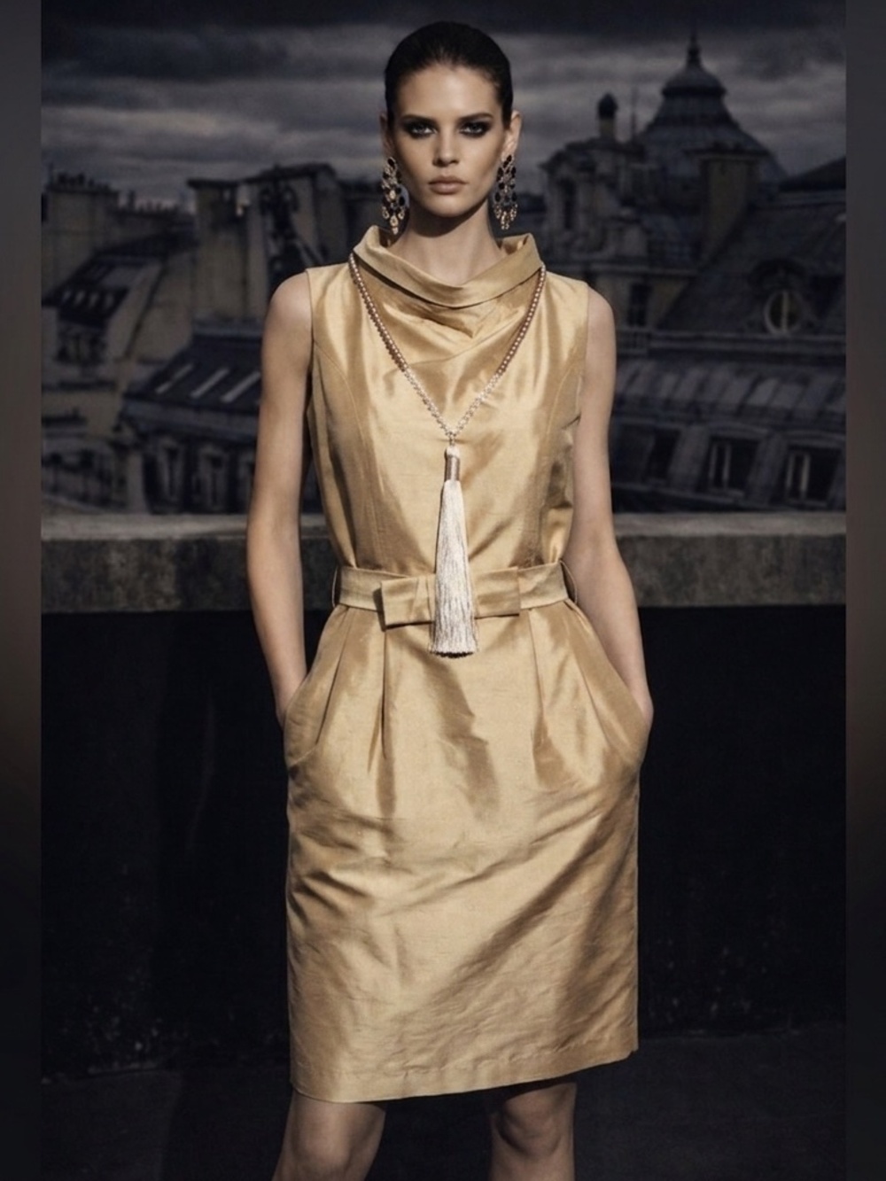 ✨ VINTAGE ELEGANCE: Franco Mirabelli Gold Silk Dupioni Sheath Dress Size 4 ✨
